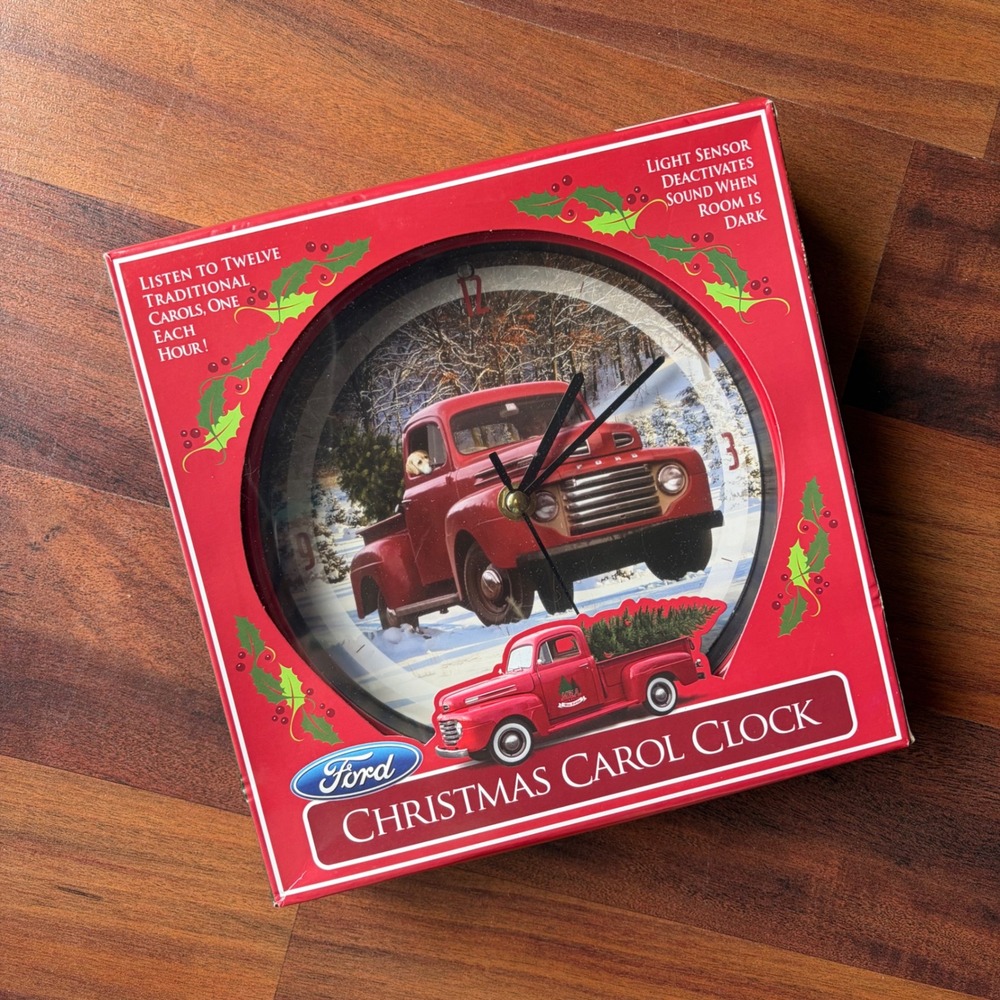 Ford Christmas Carol Clock Red Vintage Truck Musical Holiday Decor untested